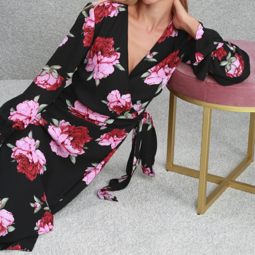 Romantic Blooms Black Floral Print Midi Wrap Dress